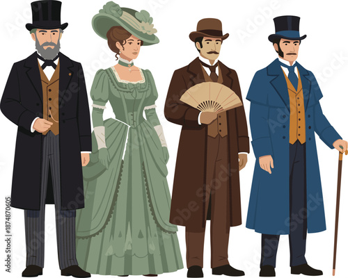 Victorian era people illustration in elegant 19th century fashion with gentlemen and lady in historical clothing