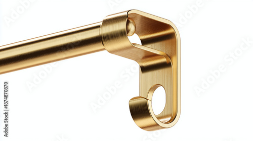 A close-up view of a golden curtain rod with a circular hook and mounting hardware. The curtain rod has a smooth, shiny surface and a sleek design