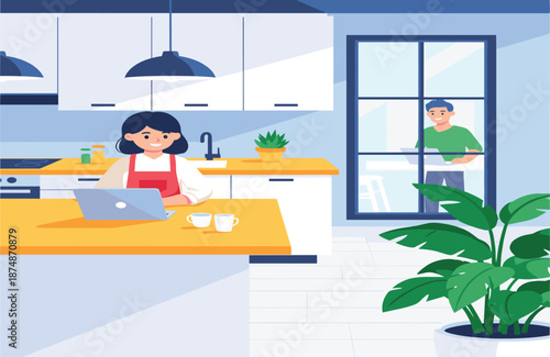 Woman working on laptop in modern kitchen while man outside window, cozy home interior flat vector illustration