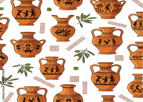 Ancient Greek pottery pattern vector illustration with amphora vases and olive branches isolated on white background