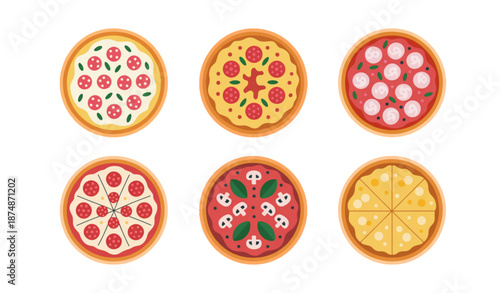 Set of Six Whole Pizzas with Different Toppings Isolated on White Background – Cartoon Vector