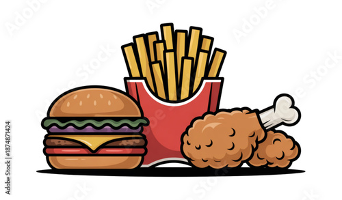 Classic retro fast food vector set with hamburger french fries and fried chicken