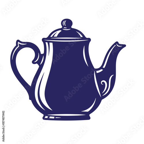 Dark blue teapot with lid and handle on white background