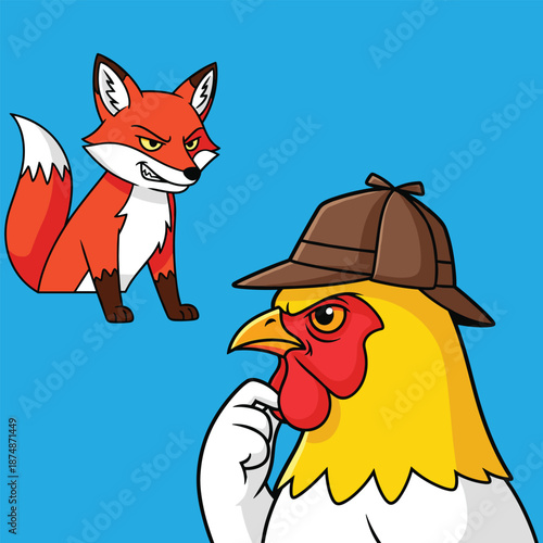Funny Detective Chicken Character Investigating Sly Fox, Concept of Suspicion, Mystery, and Surveillance, Whimsical Animal Humor and Metaphor Vector Illustration