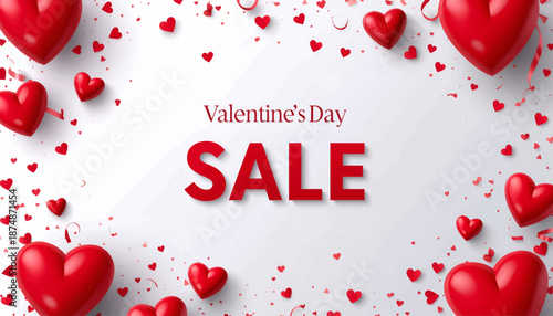 Valentine's Day sale banner with red hearts and romantic decoration.