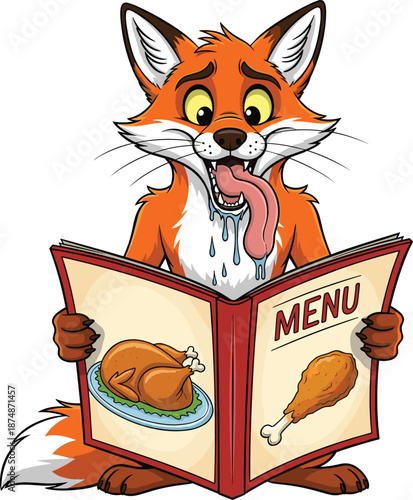 Hungry Drooling Fox Looking at Chicken Menu, Concept of Intense Cravings and Food Anticipation, Funny Animal Character and Whimsical Metaphor Vector Illustration