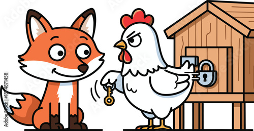 Smart Chicken Locking Coop and Withholding Key from Fox, Concept of Enhanced Security, Boundaries, and Lesson Learned, Whimsical Animal Character and Metaphor Vector Illustration