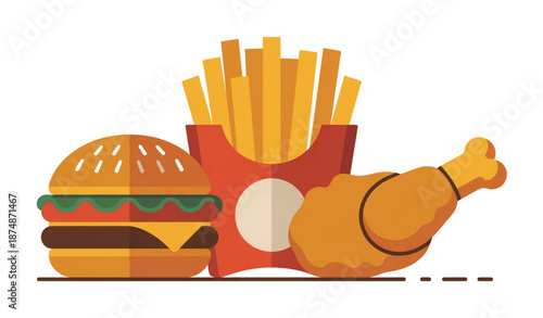 Vintage style fast food illustration of burger fries and crispy fried chicken