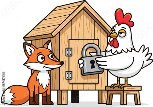 Skeptical Chicken Locking Coop with Large Padlock while Fox Watches, Concept of Enhanced Security and Boundary Setting, Whimsical Animal Character and Metaphor Vector Illustration