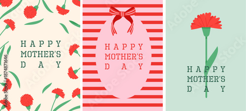 Three Happy Mothers Day cards with red carnations