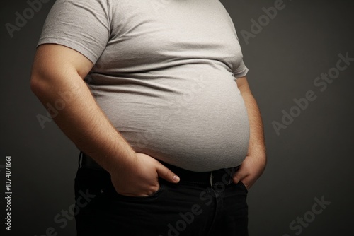 A person gaining weight, particularly around the abdomen, due to cortisol.