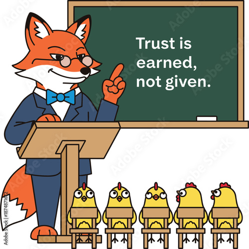 Clever Fox Lecturer Teaching Chickens about Earning Trust, Whimsical Irony and Misleading Philosophy Concept, Storytelling Mascot and Animal Metaphor Vector Illustration