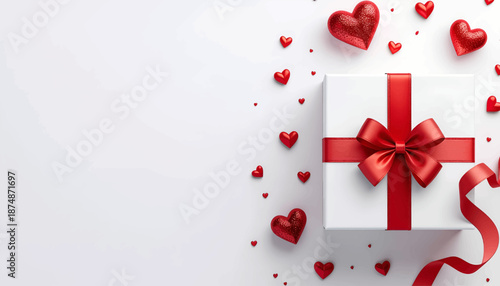 White gift box with red ribbon and hearts on white background.