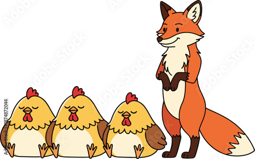 Smiling Fox Standing Next to Sleeping Chickens, Whimsical Irony and Unlikely Protector Concept, Cunning Mascot and Animal Metaphor Vector Illustration