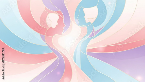 A vibrant vector graphic illustration of two women's faces in profile, surrounded by flowing colorful lines and curves