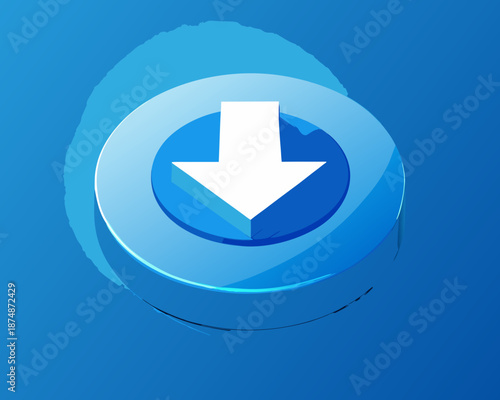 Blue Glass Down Arrow Button – Minimal Futuristic 3D Render