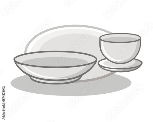 Minimalist Ceramic Dishware Collection with Bowl and Teacup – Clean Modern Tableware Illustration