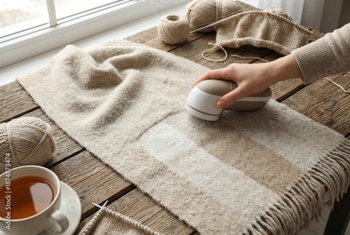 Woman removing fuzz from a beige knitted scarf with a fabric shaver. Home care concept of garment maintenance and textile refreshment.
