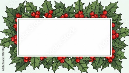 Christmas Holly Border with Red Berries and White Space.