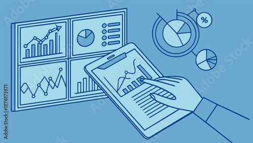 Data analysis and BI visualization concept, performance metrics and charts displayed as businessperson reviews dashboard on tablet.