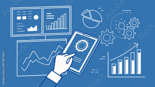 Analytics dashboard with KPIs, graphs and statistical reports, businessperson using tablet computer for business intelligence analysis.