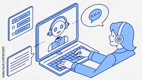 Vector illustration of conversational AI for business automation, smart chat assistant supporting customers, businessperson using laptop.