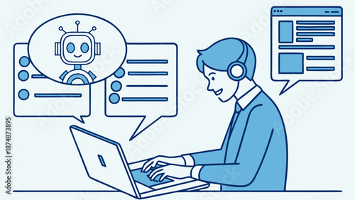 AI-powered customer support concept with chatbot interface and automation workflows, businessperson interacting with virtual assistant on laptop.