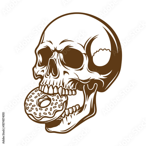 Drawing Vintage Brown skull with donut in mouth isolated on white background