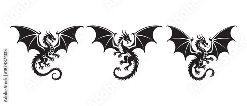 Black Dragon Silhouettes with Wings Spread on White Background.