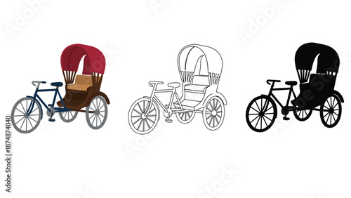 Three different colored illustrations of a traditional bicycle rickshaw side by side