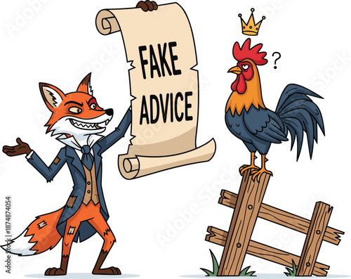 Sly Fox Presenting Fake Advice Scroll to Skeptical Rooster, Concept of Misinformation, Dishonesty, and Scams, Whimsical Animal Character and Storytelling Metaphor Vector Illustration