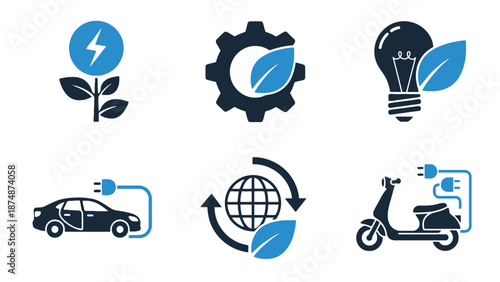 A set of eco-friendly transportation and energy icons on a white background