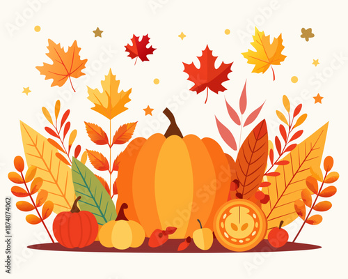 Realistic Autumn Leaves and Pumpkin with Vibrant Fall Foliage – Thanksgiving Digital Art