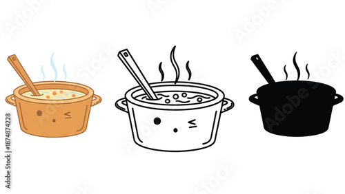 Three cartoon pots of food with different colored faces and utensils