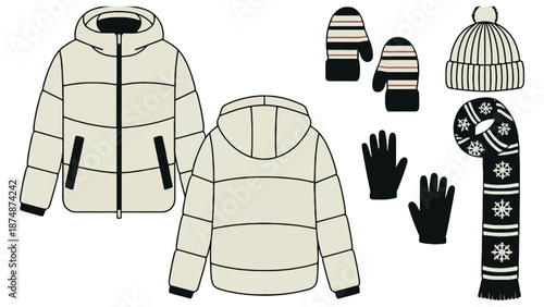 An illustration of winter clothing items including a puffer jacket and accessories