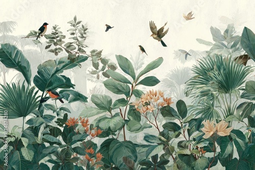 Lush illustrated mural with tropical plants, birds, and an ethereal, misty background