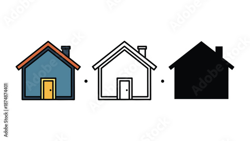 Three stylized houses in different visual styles: colored, outline, and silhouette, representing diversity in housing options.