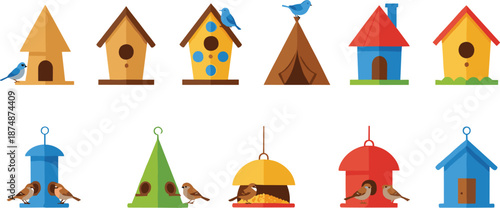 Cute birdhouse and bird feeder illustration set with colorful wooden houses and garden bird shelters