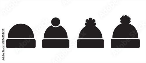 Black Winter Beanies Icons Set. Vector Silhouette, Cold Weather Headwear.