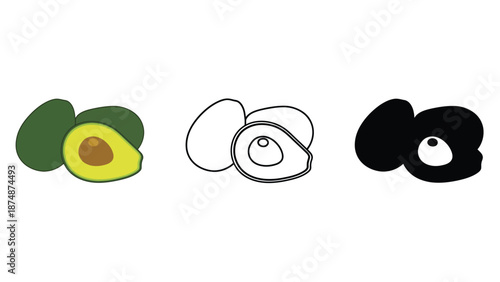 A colorful illustration of avocados in different styles and shades