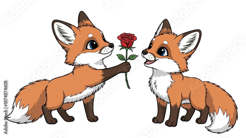 Cute cartoon foxes sharing a romantic moment with a rose
