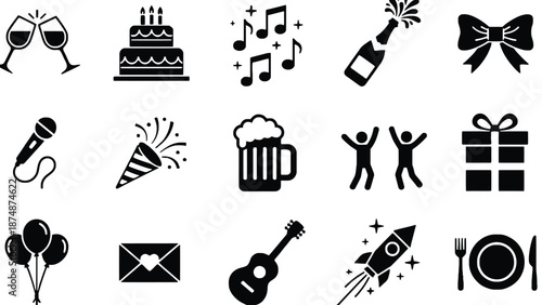 A collection of black icons representing various celebration and party symbols