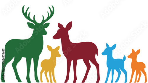 A colorful family of deer standing together in a line formation