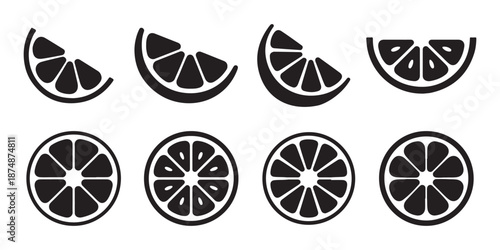 Citrus Slices Icons. Orange, Lemon, Lime Halves and Quarters, Vector Graphics.