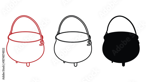 A set of three cauldron illustrations in different styles and colors