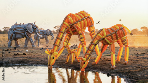 Balloon animals as giraffes and elephants drinking at a watering hole in the African savanna at sunset.