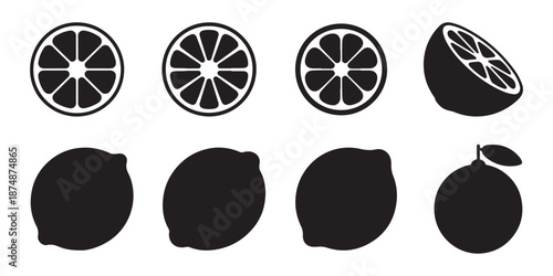 Lemon Lime Icons. Slices and Whole Fruits Silhouette Collection.