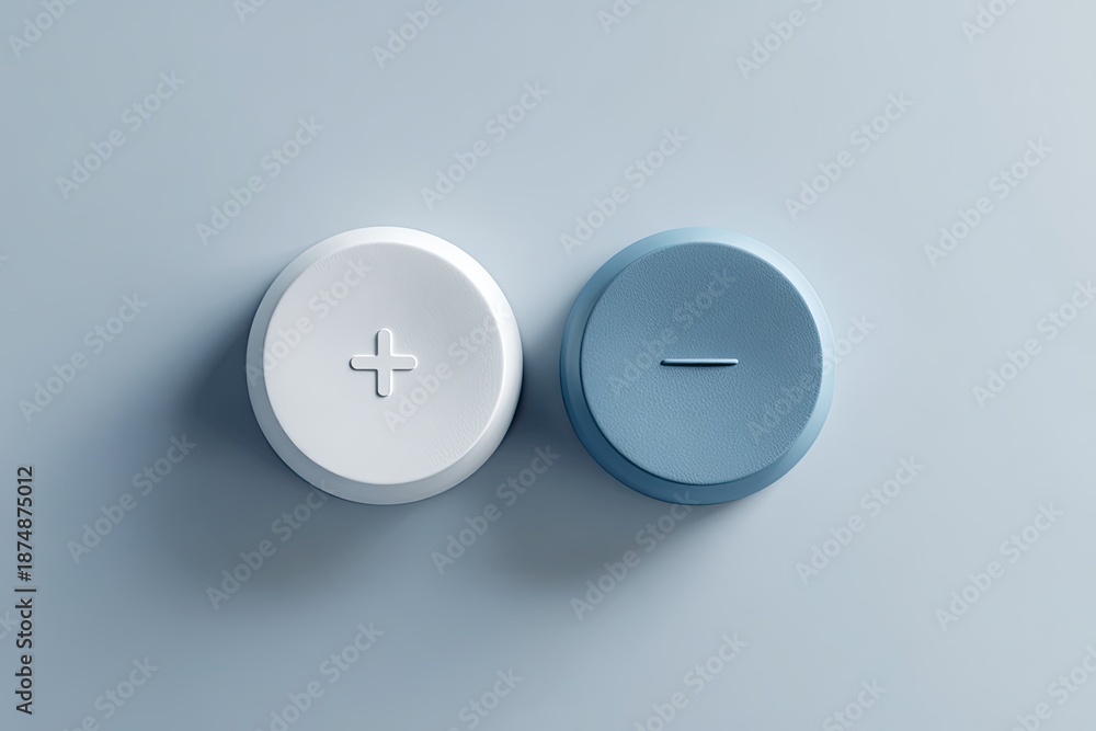 Fototapeta premium Two computer keycaps, one white with a plus and one blue with a minus symbol, on a soft blue surface