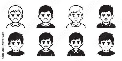 Set of  boy avatars, cartoon icons, different hairstyles and clothing