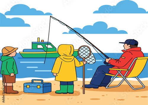Family fishing on the beach with kids and boat illustration